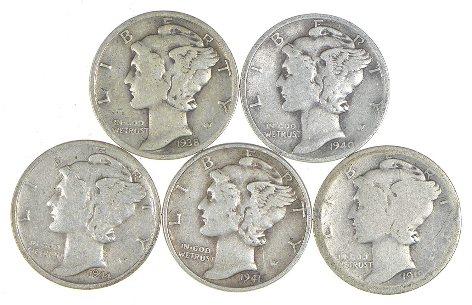 5 Coin Lot Silver Mercury Dime Coin