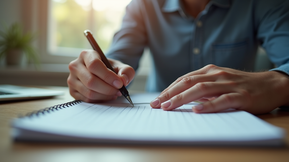 Close-up view of a person taking notes during an online course