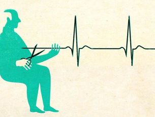 Silhouette of a person in teal cutting an ECG line with scissors on a beige background. The mood is surreal and thought-provoking.