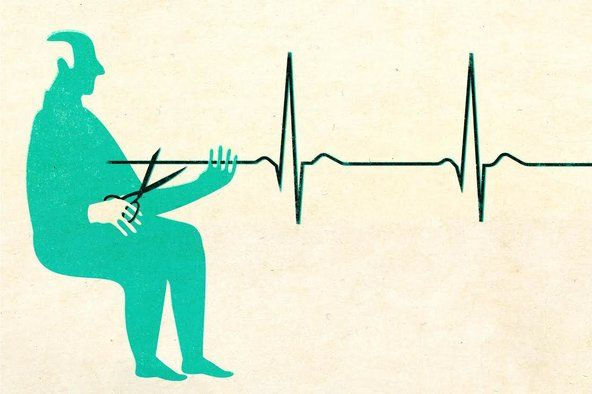 Silhouette of a person in teal cutting an ECG line with scissors on a beige background. The mood is surreal and thought-provoking.