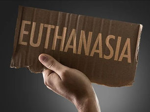 Hand holding a torn cardboard sign with "EUTHANASIA" in bold letters against a dark gray background, conveying a serious mood.
