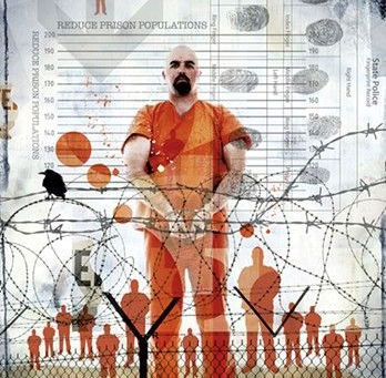 Bald man in orange jumpsuit stands behind barbed wire, arms crossed. Background shows handprints and silhouettes. Text: "Reduce Prison Populations."