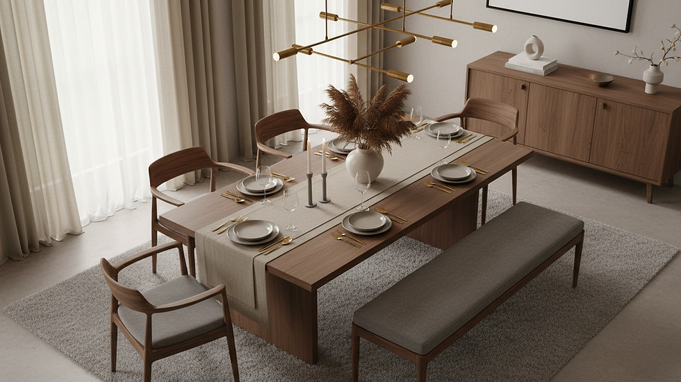 High angle view of a stylishly staged dining area with elegant table setting