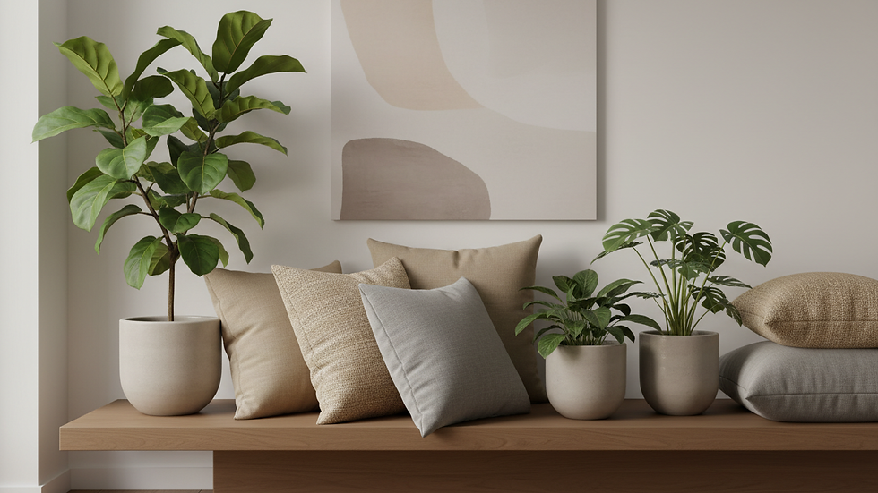 Close-up view of a soft staging arrangement with cushions and plants
