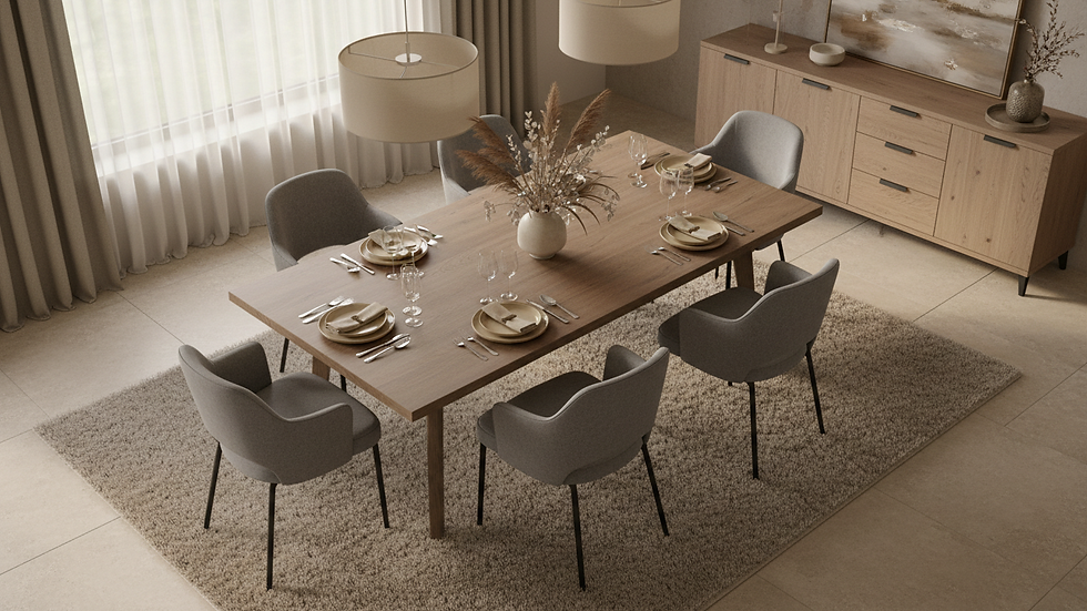 High angle view of a beautifully staged dining area with elegant table settings