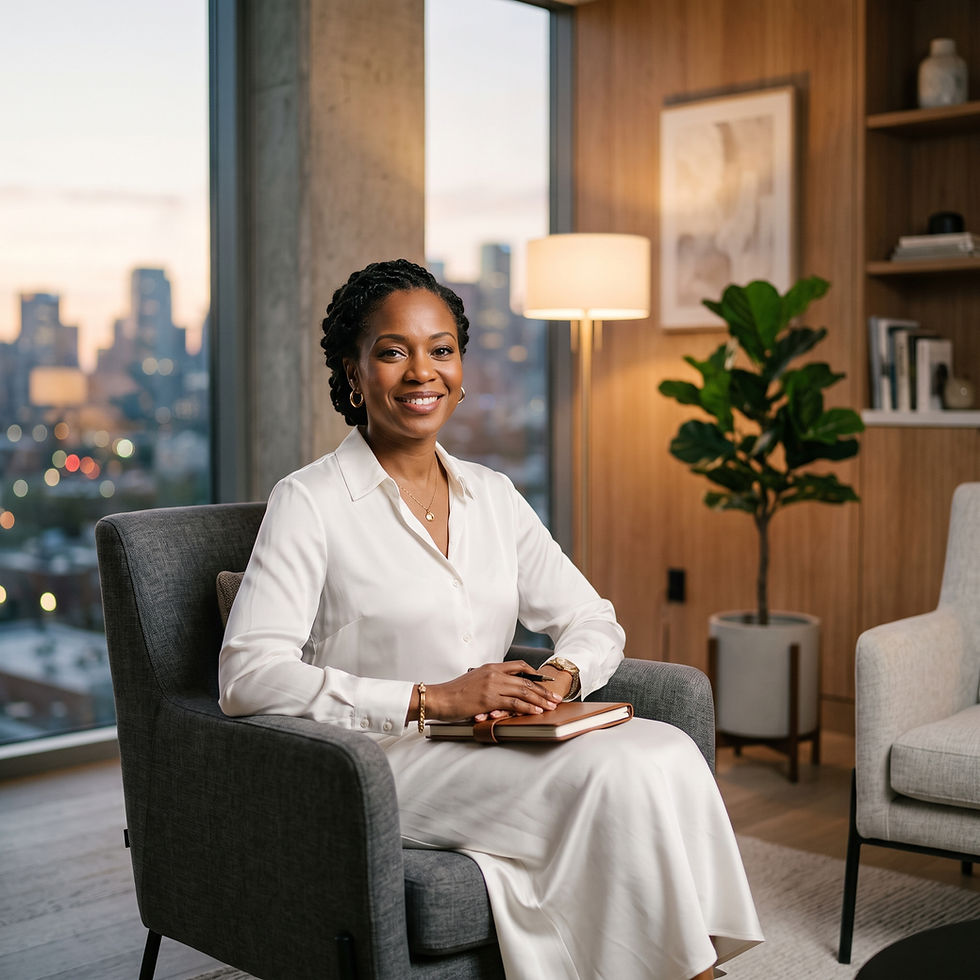 Professional woman in white dress sitting in a modern office