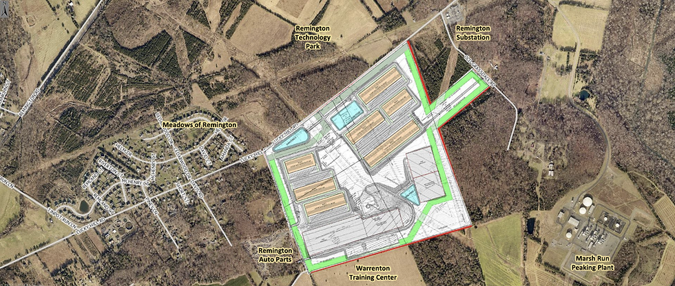 Aerial map of Remington site off Lucky Hill Road with superimposed development rendering. Provided by Fauquier County Community Development.