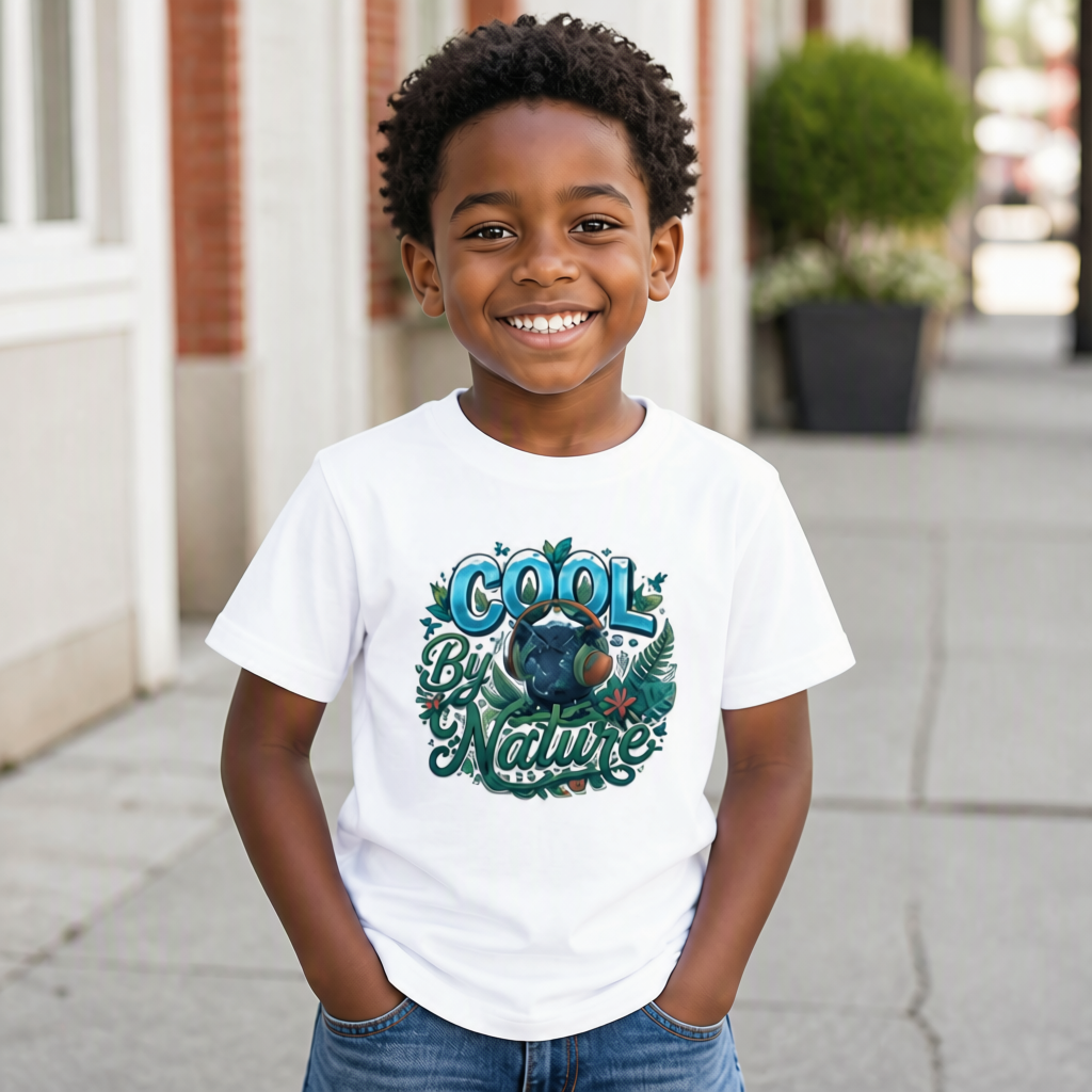 "Cool By Nature" Youth Short Sleeve T-Shirt (Front_View_White) Model Mockup