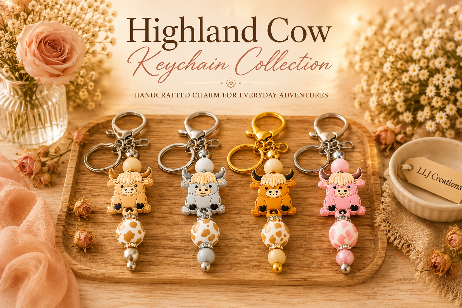 LLJ Creations Handmade Highland Cow Beaded Keychain Collection