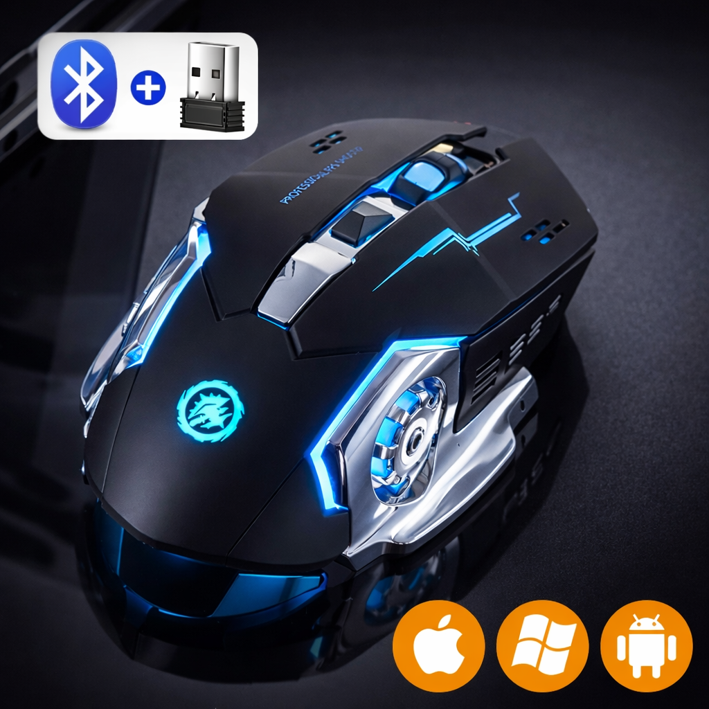 Mouse Gamer Sem Fio RGB Recarregável Bluetooth + USB 2.4G com LED e Alta Perform
