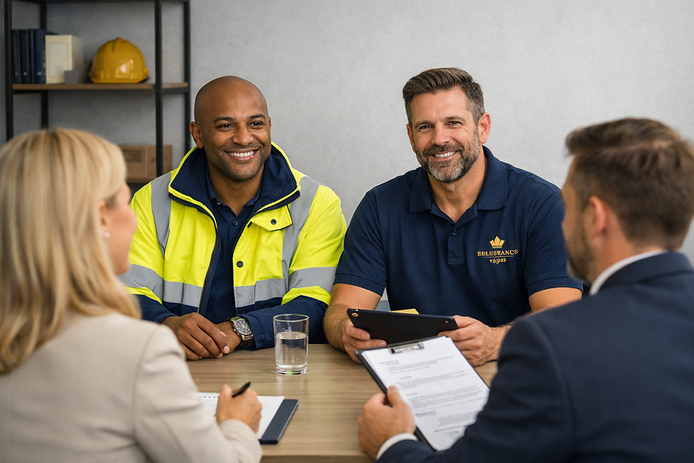 Health and safety meeting with workers in high-vis gear.