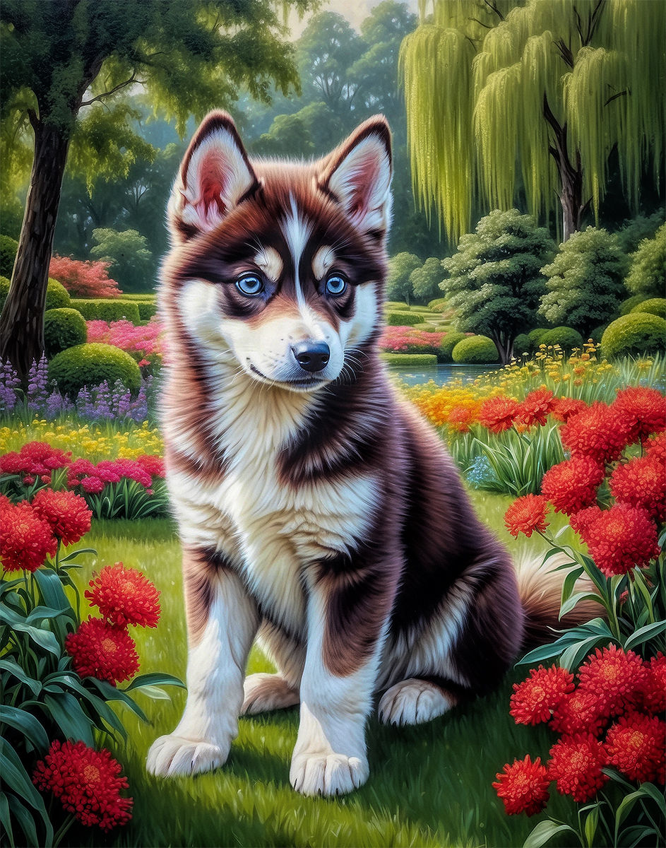 Thumbnail: Siberian Husky Dog and Puppies Portrait Paintings