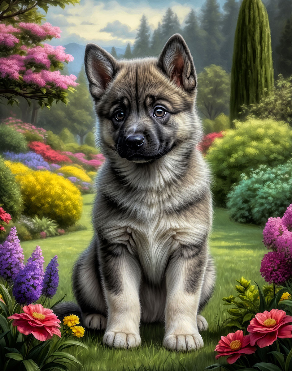 Thumbnail: Norwegian Elkhound Dog and Puppies Portrait Paintings