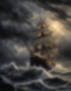 Masted Ship on Violent Seas Magical Landscape Painting Art