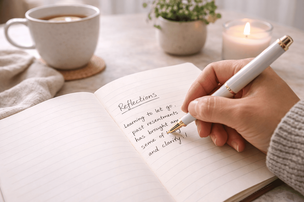 Close-up view of a hand writing in a journal with a calm background