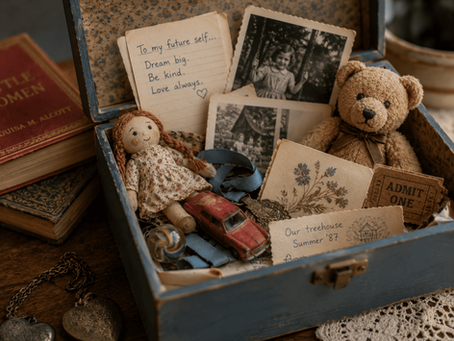 A small keepsake box filled with childhood treasures like toys, notes, and photos, for a junk or treasure poem.
