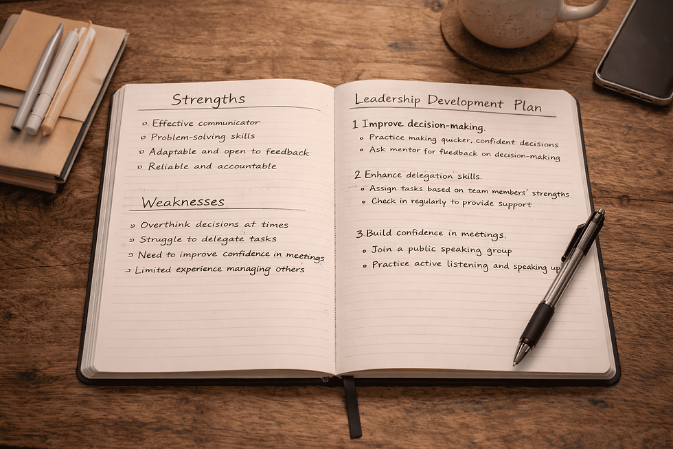Open journal showing notes about strengths weaknesses and leadership development