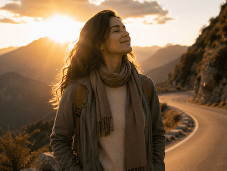 Woman standing on a mountain road with sunlight behind her, symbolizing peace and independence