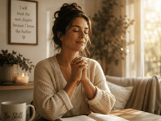 Woman with eyes closed in prayerful peace, symbolizing trust in intuition and divine guidance