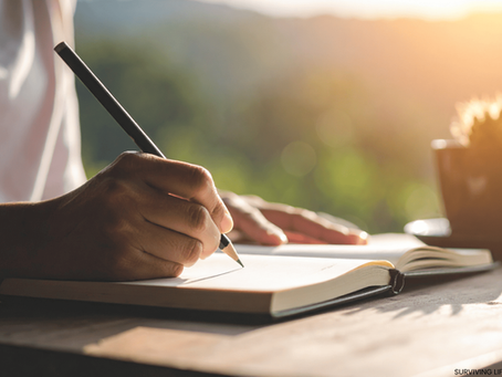 Eye-level view of a person writing in a journal with a calm background