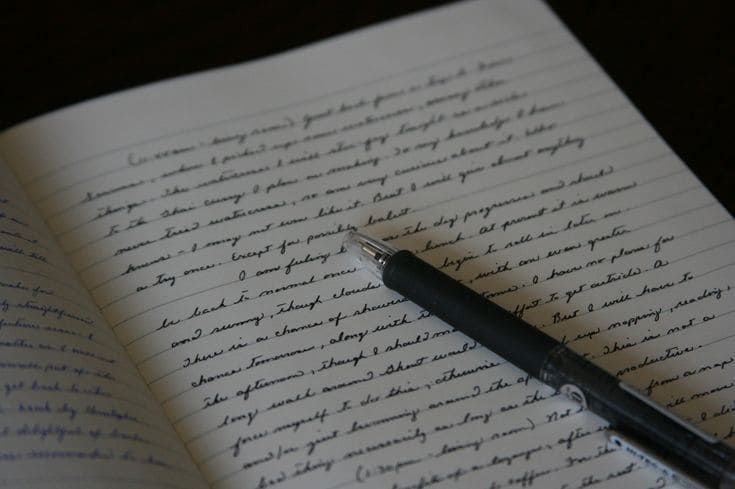 Close-up view of a journal open with handwritten notes and a pen
