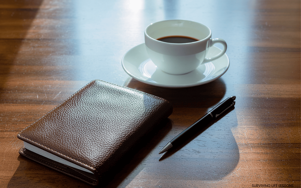 High angle view of a cozy space with a journal, pen, and a cup of tea