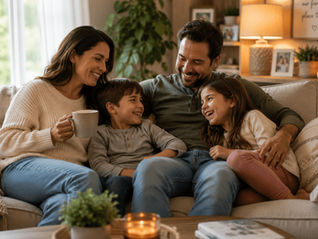 A relaxed family enjoying a peaceful moment together at home.
