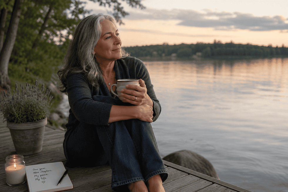 woman over 50 reflecting on life after gray divorce one year later sitting alone but peaceful