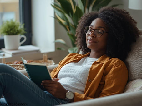 A calm person relaxing with a notebook and peaceful surroundings, reflecting on SMART goals for self-care and building healthier daily routines.