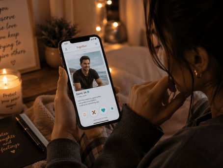 A woman using a dating app on her phone, deciding to swipe left or right, for a swipe left poem