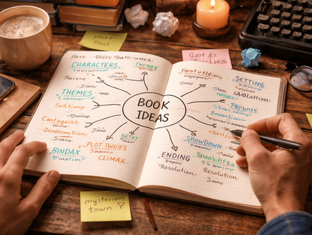 Writer organizing ideas and themes in a notebook