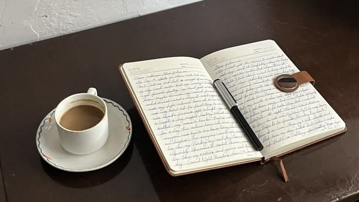 Close-up view of a hand writing in a journal with a cup of coffee