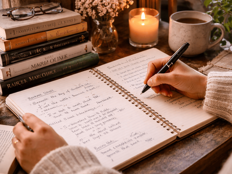 Person writing poetry at a desk with books on European literature