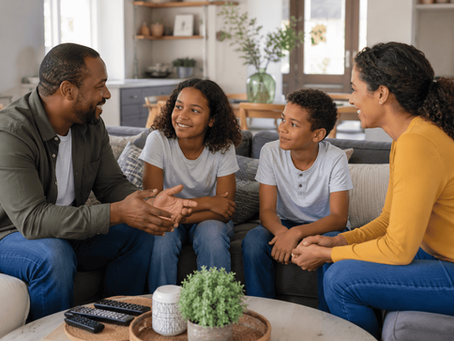 Family communicating calmly and respectfully in a happy home