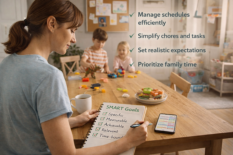 Busy parent creating simple SMART goals to manage family life and reduce stress