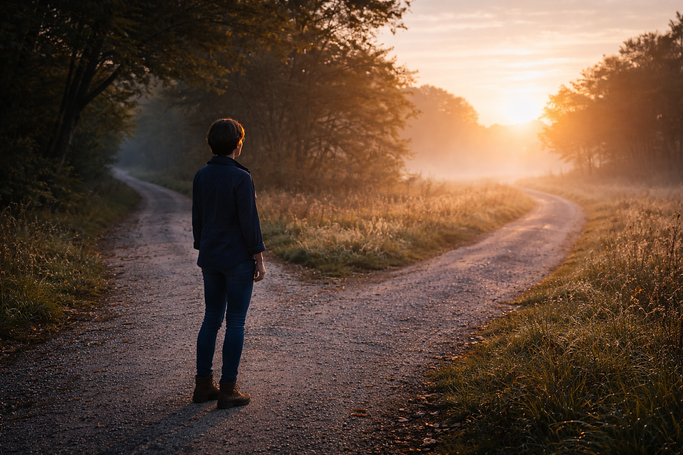 A person standing at the edge of a quiet road, looking forward, symbolizing awareness and choosing a new path after emotional abuse.