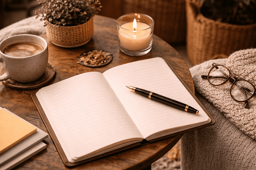 High angle view of a cozy corner with a journal, glasses, and a candle