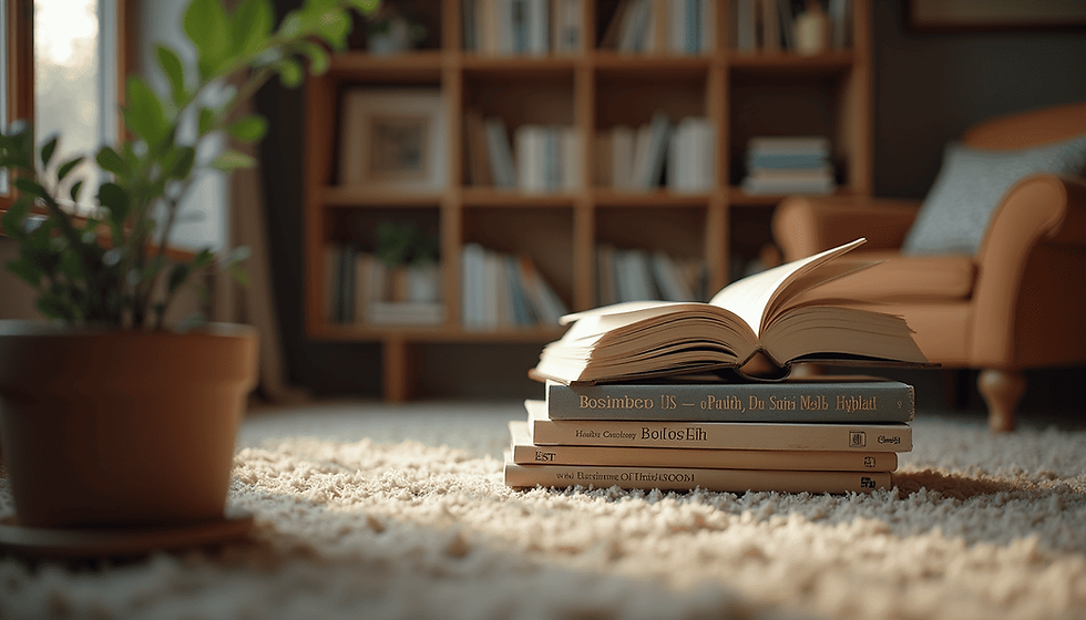 Eye-level view of a cozy reading nook with a stack of self-help books