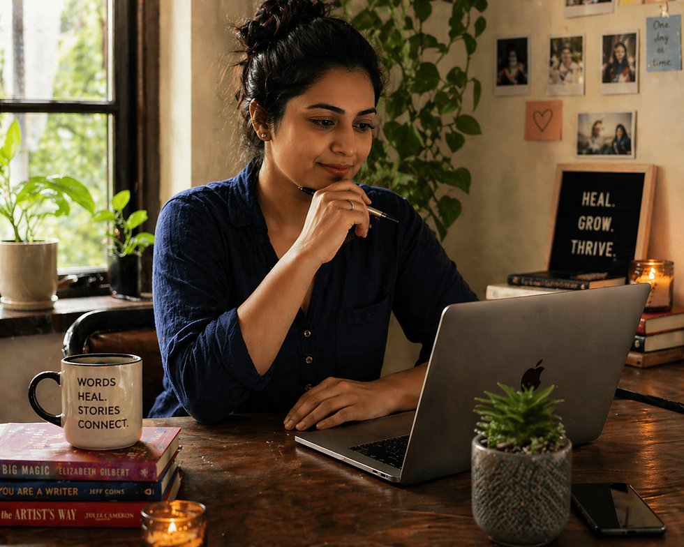 Person writing on a laptop reflecting on healing through professional writing and personal growth