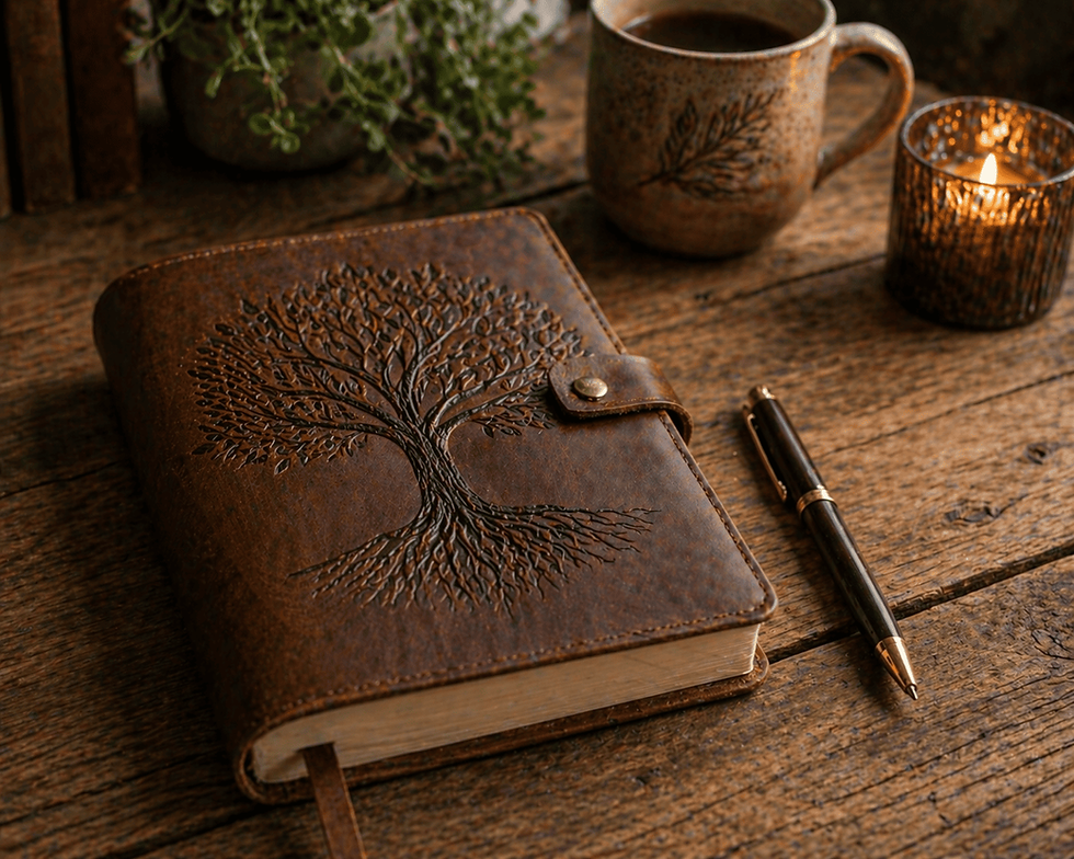 Journal and pen resting on wooden table