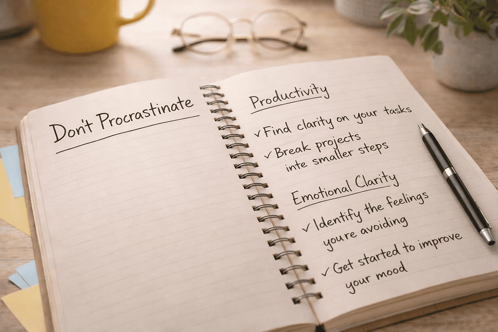 Journal titled Don’t Procrastinate with handwritten notes about productivity and emotional clarity symbolizing overcoming procrastination