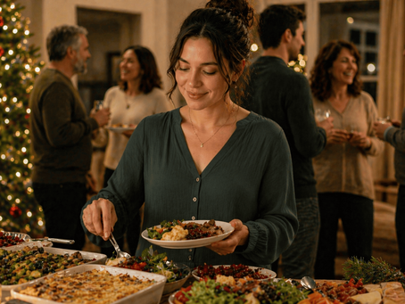 Person at a holiday gathering choosing food comfortably while socializing