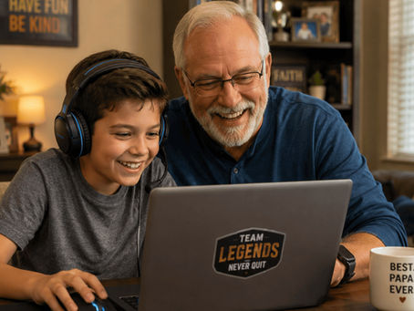 A grandparent smiling while playing an online game with a grandchild.