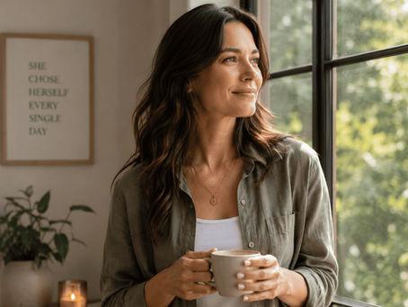 Woman standing near window with gentle smile, symbolizing rediscovery and renewal