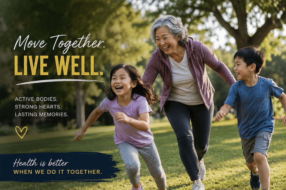 Grandparent and grandchildren moving and playing together to support physical health