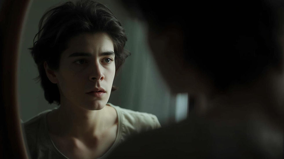 Person looking at their reflection thoughtfully, symbolizing remembering who you are