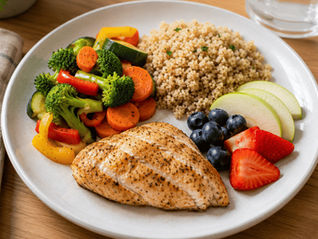 Small plate with balanced food showing portion awareness for eating for your body