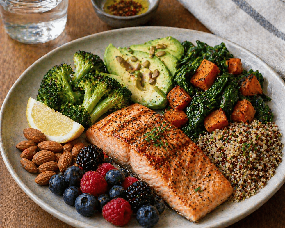 Balanced meal plate supporting blood sugar, energy, and pain for eating for your body