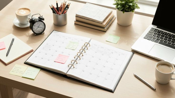 High angle view of a calendar with notes and a pen, showing planning and tracking progress