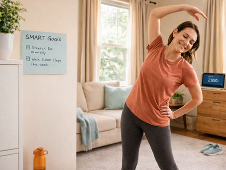 A beginner exercising gently at home, stretching or walking, representing small, achievable movement goals using SMART goals.